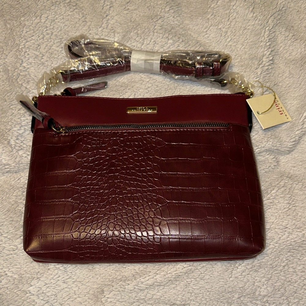 Trina Turk Burgundy Crocodile-Embossed Crossbody Bag